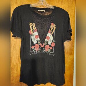 EXPRESS ONE ELEVEN Black with Lace on Front & Back Short Sleeve T-Shirt Size S/P